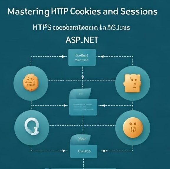 Diagram showing the flow of HTTP cookies and sessions in web development, highlighting types, security features, and management in ASP.NET.