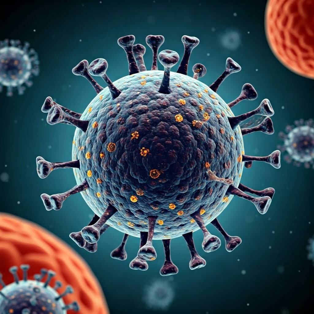Microscopic image of the H5N1 avian influenza virus, showing its viral particles with spiky projections on the surface."