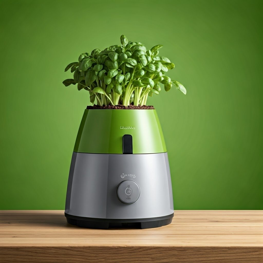 A digital illustration of an electric kitchen composter. The composter is a sleek, modern design with a stainless steel exterior and a clear lid. It is sitting on a countertop next to a green plant. The composter is filled with food scraps, and the plant is growing lush and green. The image is meant to convey the benefits of composting, which is a sustainable way to reduce waste and improve soil health.